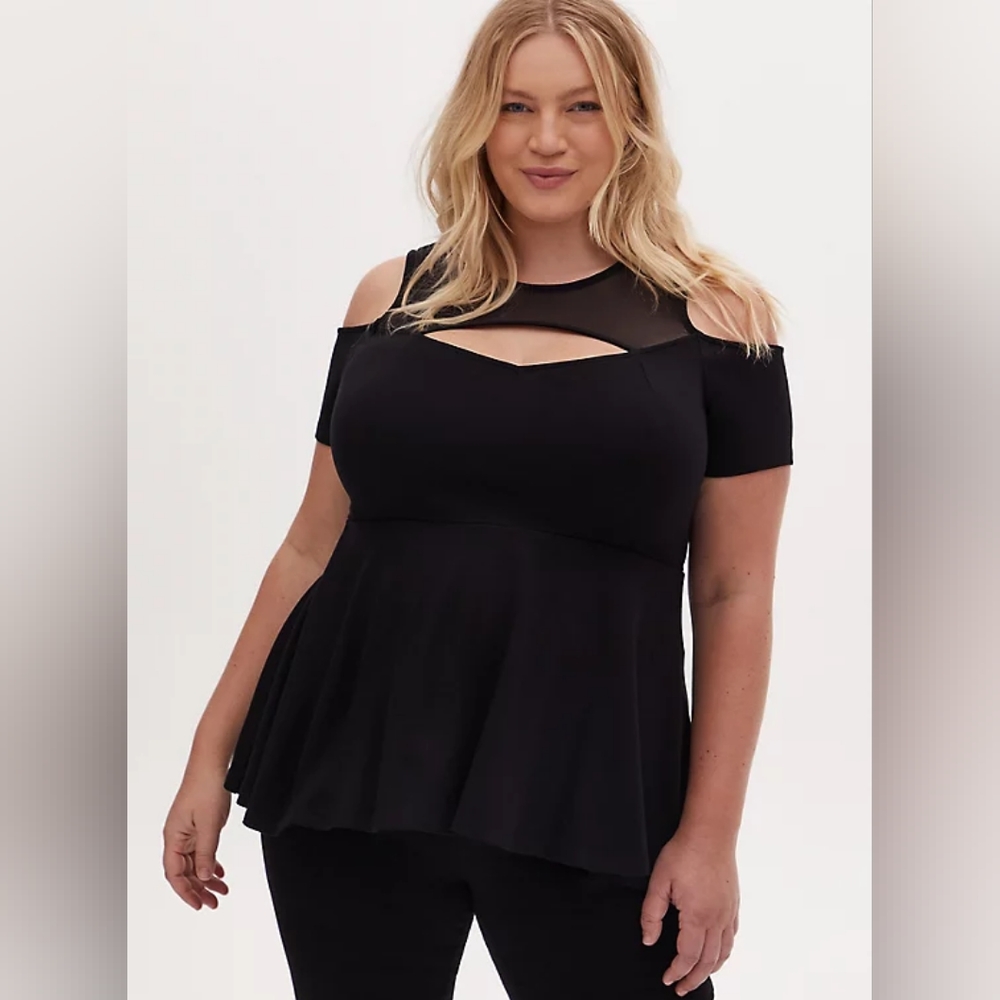 Torrid Black Mesh Yoke Peplum Top Size 2